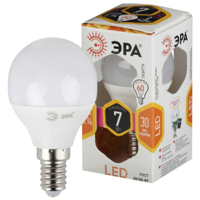 Лампа светодиодная ЭРА LED smd P45-7w-827-E14 7Вт шар теплый белый свет Е14