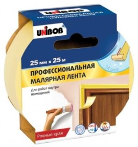 Малярная клейкая лента UNIBOB для внутренних работ 25мм*25м желтая
