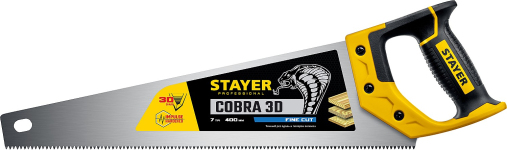 Ножовка универсальная (пила) ″Cobra 3D″ 400мм, 7TPI, 3D зуб, точн.рез вдоль и поперек волокон, для средних заготовок из всех видов материалов, STAYER 1512-40